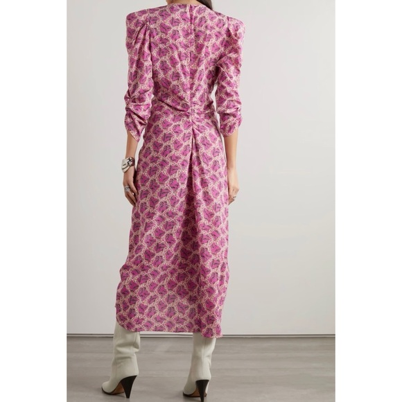 ISABEL MARANT Albini gathered printed silk-blend midi  Floral Pink Dress NEW - Picture 2 of 9